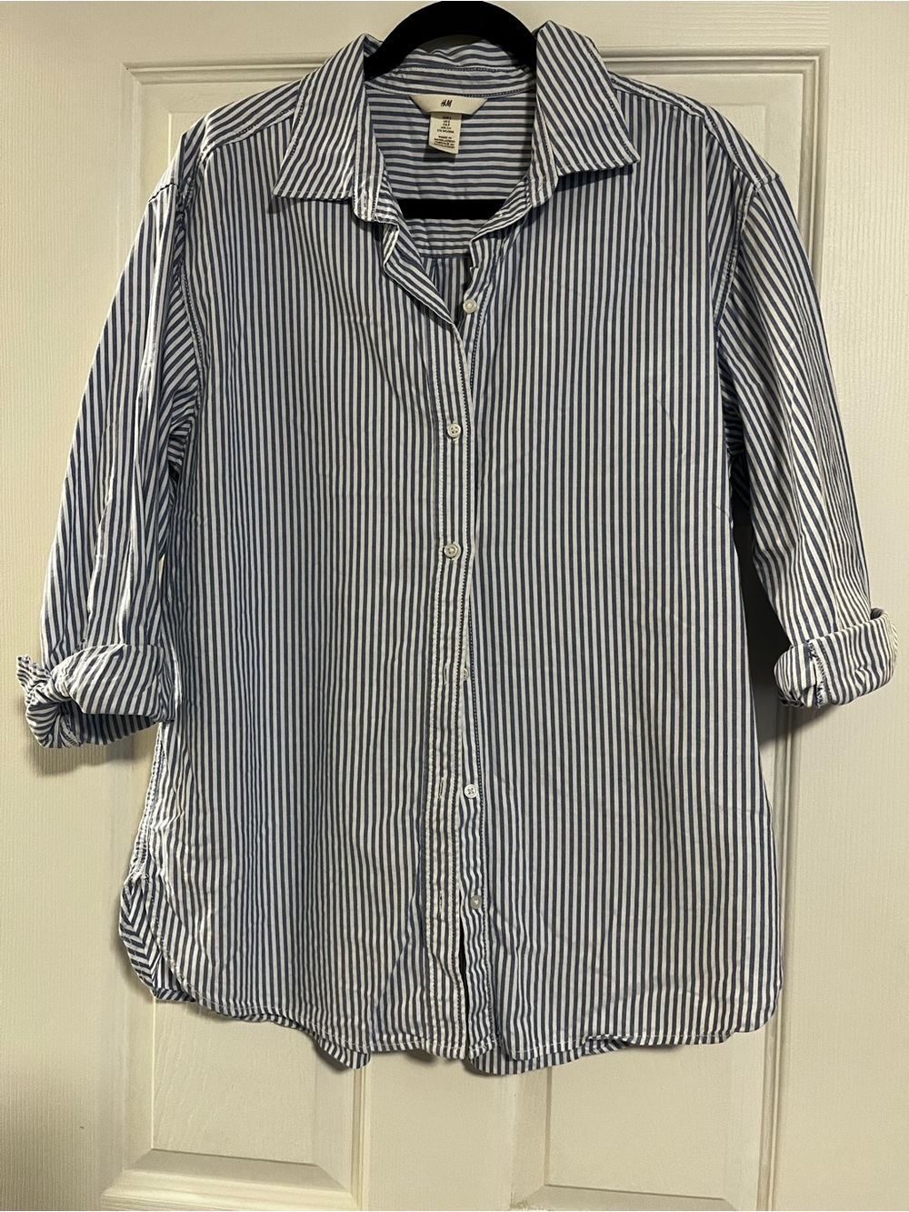 H&M Navy and White Vertical Stripe Casual Button-Down Shirt